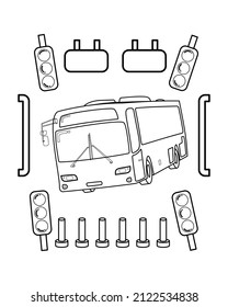 Coloring pages for kids of simple vector bus  with traffic light and cone