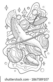 Coloring pages for kids of a whale and a planet