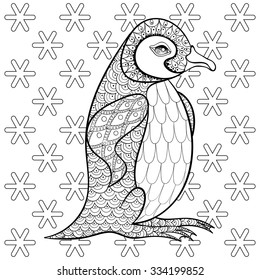 Coloring pages with King Penguin among snowflakes, zentangle illustration for adult anti stress Coloring books or tattoos with high details isolated on black background. Vector monochrome bird sketch.