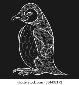 Coloring pages with King Penguin, zentangle illustration for adult anti stress Coloring books or tattoos with high details isolated on black background. Vector bird sketch.