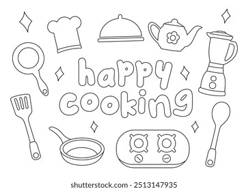 coloring pages with kitchenware coockware illustration with happy cooking text black white
