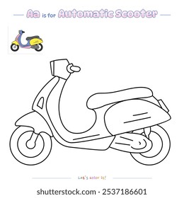 Coloring pages and learning the alphabet with automatic scooter. Educational game for children. fun activities for children to play and learn.