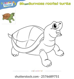 Coloring pages and learning the alphabet with Burmose Roofed Turtle cartoons. Coloring page for kids. Educational game for children. fun activities for children to play and learn.