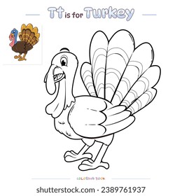 Coloring pages and learning the alphabet with cute cartoons. Turkey coloring page. Educational game for children. fun activities for children to play and learn.