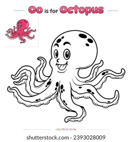 Coloring pages and learning the alphabet with cute cartoons. Octopus coloring page. Educational game for children. fun activities for children to play and learn.