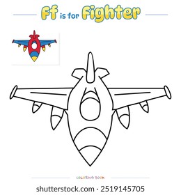 Dibujos para colorear y aprender el alfabeto con dibujos animados lindos. Dibujo para colorear aviones de combate. Juego educativo para niños. actividades divertidas para que los niños jueguen y aprendan.