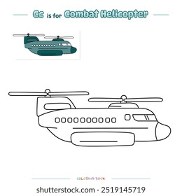 Coloring pages and learning the alphabet with cute cartoons. Coloring page Combat Helicopter. Educational game for children. fun activities for kids to play and learn.