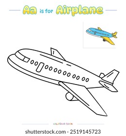 Coloring pages and learning the alphabet with cute cartoons. Airplane coloring page. Educational game for children. fun activities for children to play and learn.