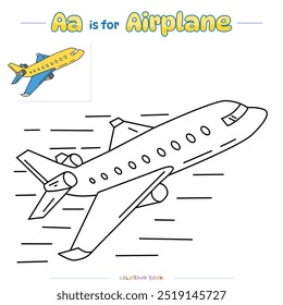 Dibujos para colorear y aprender el alfabeto con dibujos animados lindos. Dibujo de avión para colorear. Juego educativo para niños. actividades divertidas para que los niños jueguen y aprendan.