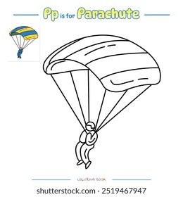 Dibujos para colorear y aprender el alfabeto con dibujos animados lindos. Página para colorear de paracaídas. Juego educativo para niños. actividades divertidas para que los niños jueguen y aprendan.
