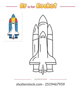 Coloring pages and learning the alphabet with cute cartoons. Rocket coloring page. Educational game for children. fun activities for children to play and learn.