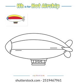 Colorir páginas e aprender o alfabeto com desenhos animados bonitos. Colorir página Hot Airship. Jogo educacional para crianças. atividades divertidas para crianças para jogar e aprender