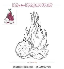 Dibujos para colorear y aprender el alfabeto con dibujos animados lindos. Dibujo para colorear fruta de dragón. Juego educativo para niños. actividades divertidas para que los niños jueguen y aprendan.