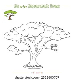 Coloring pages and learning the alphabet with cute cartoons. Coloring page Savannah Tree. Educational game for children. fun activities for kids to play and learn.