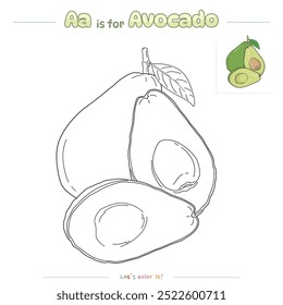 Coloring pages and learning the alphabet with cute cartoons. Coloring page avocado. Educational game for children. fun activities for kids to play and learn.
