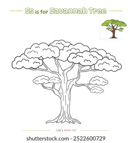 Coloring pages and learning the alphabet with cute cartoons. Coloring page Savannah Tree. Educational game for children. fun activities for kids to play and learn.