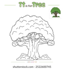 Coloring pages and learning the alphabet with cute cartoons. Coloring page Tree. Educational game for children. fun activities for kids to play and learn.