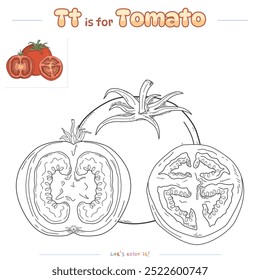Dibujos para colorear y aprender el alfabeto con dibujos animados lindos. Dibujo para colorear Tomato. Juego educativo para niños. actividades divertidas para que los niños jueguen y aprendan.