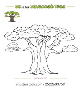 Coloring pages and learning the alphabet with cute cartoons. Coloring page Savannah Tree. Educational game for children. fun activities for kids to play and learn.