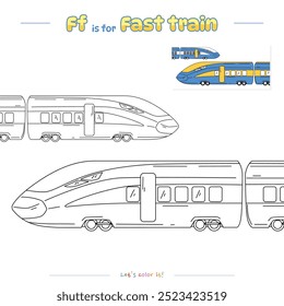 Colorir páginas e aprender o alfabeto com desenhos animados bonitos. Colorir a página Fast Train. Jogo educacional para crianças. atividades divertidas para crianças brincarem e aprenderem.