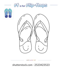 Coloring pages and learning the alphabet with cute cartoons. Coloring page Flip flops. Educational game for children. fun activities for kids to play and learn.