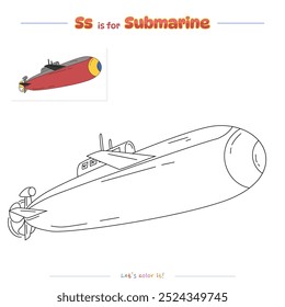 Coloring pages and learning the alphabet with cute cartoons. Coloring page Submarine. Educational game for children. fun activities for kids to play and learn.