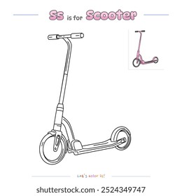 Dibujos para colorear y aprender el alfabeto con dibujos animados lindos. Página para colorear Scooter. Juego educativo para niños. actividades divertidas para que los niños jueguen y aprendan.