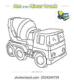 Colorir páginas e aprender o alfabeto com desenhos animados bonitos. Página de colorir Mixer Truck. Jogo educacional para crianças. atividades divertidas para crianças brincarem e aprenderem.