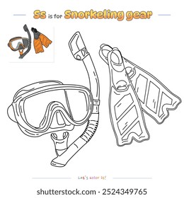 Coloring pages and learning the alphabet with cute cartoons. Coloring page Snorkeling gear. Educational game for children. fun activities for kids to play and learn.