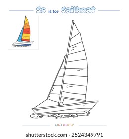 Coloring pages and learning the alphabet with cute cartoons. Coloring page Sailboat. Educational game for children. fun activities for kids to play and learn.