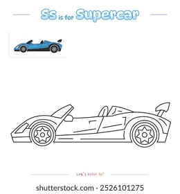 Coloring pages and learning the alphabet with cute cartoons. Coloring page Super Car. Educational game for children. fun activities for kids to play and learn.