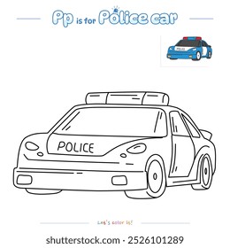 Coloring pages and learning the alphabet with cute cartoons. Coloring page Police car. Educational game for children. fun activities for kids to play and learn.