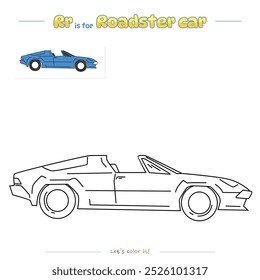 Malvorlagen und das Alphabet lernen mit niedlichen Cartoons. Malvorlage Roadster Car. Pädagogisches Spiel für Kinder. Spaß Aktivitäten für Kinder zu spielen und zu lernen.