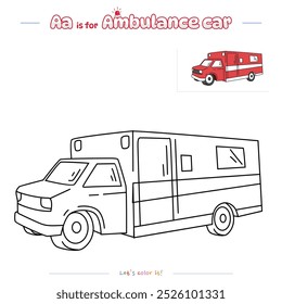 Coloring pages and learning the alphabet with cute cartoons. Coloring page Ambulance Car. Educational game for children. fun activities for kids to play and learn.