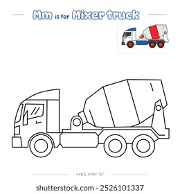 Colorir páginas e aprender o alfabeto com desenhos animados bonitos. Página de colorir Mixer Truck. Jogo educacional para crianças. atividades divertidas para crianças brincarem e aprenderem.