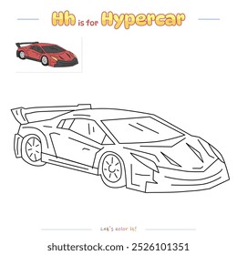 Coloring pages and learning the alphabet with cute cartoons. Coloring page Hyper car. Educational game for children. fun activities for kids to play and learn.