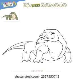 Coloring pages and learning the alphabet with cute Animals. Cartoon Komodo Dragon coloring page. Educational game for children. fun activities for children to play and learn.