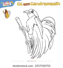 Coloring pages and learning the alphabet with cute Animals. Cartoon Cendrawasih bird coloring page. Educational game for children. fun activities for children to play and learn.