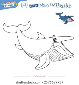 Coloring pages and learning the alphabet with Fin Whale cartoons. Coloring page for kids. Educational game for children. fun activities for children to play and learn.