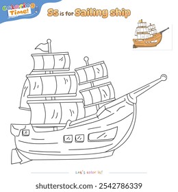 Coloring pages and learning the alphabet with Sailing ship. Educational game for children. fun activities for children to play and learn.