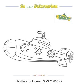 Coloring pages and learning the alphabet Submarine. Educational game for children. fun activities for children to play and learn.