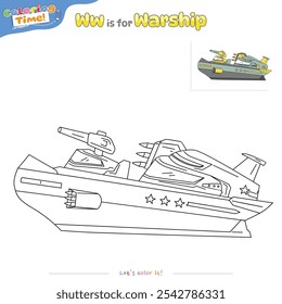 Coloring pages and learning the alphabet with warship. Educational game for children. fun activities for children to play and learn.