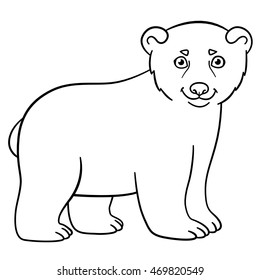 Coloring pages. Little cute baby polar bear smiles.