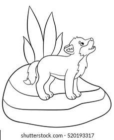 Coloring pages. Little cute baby wolf stands on the stone and howls.