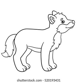 Coloring pages. Little cute baby wolf stands and smiles.