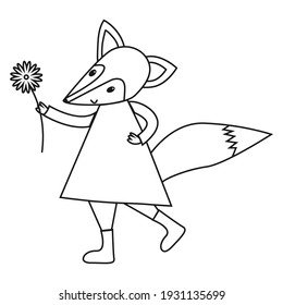 Coloring pages. Little cute fox looks with a flower.