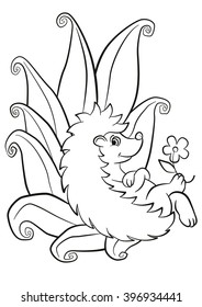 Coloring pages. Little cute hedgehog lays and smiles. There is a flower on the paw. 
