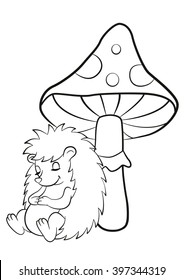 Coloring pages. Little cute hedgehog sleeps near the big toadstool. The hedgehog smiles.