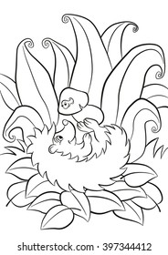Coloring pages. Little cute kind hedgehog lays and holds the mushroom in the paws. There is small funny worm in the mushroom. They are smiling. There are plants, grass and leaves around. Autumn.