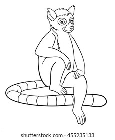 Coloring pages. Little cute lemur sits and smiles.